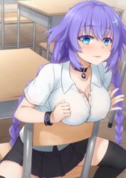 1girls big_breasts blue_eyes breasts classroom clothed clothed_female cpu_(neptunia) female female_only fully_clothed goddess hair_ornament looking_at_viewer miniskirt neptune_(neptunia) neptunia_(series) power_symbol-shaped_pupils purple_hair purple_heart_(neptunia) skirt small_breast smile spread_legs thighhighs video_games