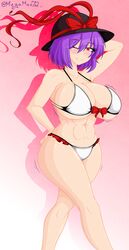 1girls abs bikini bikini_bottom bikini_top blush bow breasts curvy female female_only hand_behind_head hand_on_ass hat hat_bow iku_nagae large_breasts looking_at_viewer megamoo mole mole_under_eye navel one_eye_closed pinup posing purple_hair red_bow simple_background smile sole_female solo standing swimsuit thick_thighs thighs toned toned_female touhou twitter_username wink