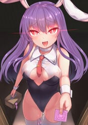 animal_ears bangs bare_shoulders black_dress blush breasts bunny_day carrot_necklace choker collar collared_shirt condom cum cum_in_pussy dress drooling eyebrows_visible_through_hair female hair_between_eyes hand_up harunoha highres long_hair looking_at_viewer medium_breasts necktie open_mouth playboy_bunny purple_hair rabbit_ears red_eyes red_neckwear reisen_udongein_inaba shirt smile solo standing sweat thighhighs touhou white_choker white_dress white_legwear white_neckwear wrist_cuffs