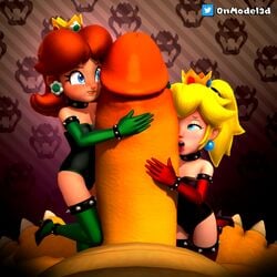 1boy 2girls 3d alternate_version_at_source aroused blonde_hair blue_eyes blush bowser breasts brown_hair clothing cock_worship earrings erection female freckles freckles_on_chest hyper hyper_penis interspecies long_hair looking_at_penis lying male male_pov mario_(series) multiple_girls nintendo on_back onmodel3d partial_male penis ponytail pov princess_daisy princess_peach self_upload size_difference slave_outfit tied_hair