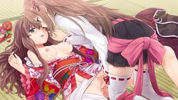 2girls bangs black_skirt blue_eyes breasts brown_eyes brown_hair censored eyebrows_visible_through_hair fingering game_cg groin hair_between_eyes hair_ribbon holding_hands indoors interlocked_fingers kurokawa_izumi long_hair long_sleeves lying medium_breasts miniskirt mononofu_~shirayuri_kassen_maihime~ mosaic_censoring multiple_girls nipples official_art on_back one_eye_closed open_mouth pleated_skirt red_ribbon ribbon ribbon-trimmed_legwear ribbon-trimmed_sleeves ribbon_trim shiny shiny_hair shirt skirt thighhighs very_long_hair white_legwear white_ribbon white_shirt yuri zettai_ryouiki