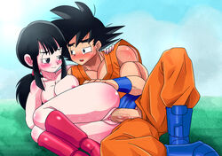 asian chesterzee chichi couple dragon_ball dragon_ball_(classic) dragon_ball_super dragon_ball_z fringe from_behind goku gokubuttonzee muscular muscular_male on_side romantic saiyan sex son_goku sweat time_travel vaginal_penetration wristband wristbands