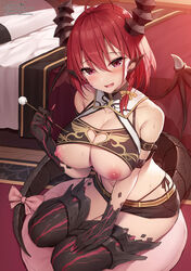 arm_belt artist_name bangs bed black_panties black_shorts blush bow braid breasts cleavage cleavage_cutout clothing_cutout comic_unreal crack dragon_girl dragon_horns dragon_tail eyebrows_visible_through_hair female hair_between_eyes heart heart_cutout highres holding horns indoors lap_pillow_invitation large_breasts looking_at_viewer mimikaki monster_girl navel nipples non-web_source oerba_yun_fang open_mouth original panties pointy_ears red_eyes revealing_clothes short_hair short_shorts shorts side-tie_panties single_braid sitting smile solo sweat tail tail_bow tail_ornament thighhighs underwear wings xe_(execut3r)