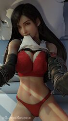 3d abs big_breasts biting_clothes biting_shirt black_hair blender bra cleavage clothed cute earrings final_fantasy final_fantasy_vii final_fantasy_vii_remake full_cleavage glazedknuckle large_breasts lingerie long_hair naughty_face panties picot_trim picot_trim_bra red_eyes red_lingerie red_panties red_underwear selfie shiny_eyes shirt_in_mouth smile solo solo_female thong tifa_lockhart underwear wide_hips