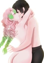 1boy 1girls aki_sakura ass black_hair braided_hair canon_couple demon_slayer female glasgow_smile iguro_obanai kanroji_mitsuri kimetsu_no_yaiba kissing male nude_female pink_hair topless two_tone_hair wholesome