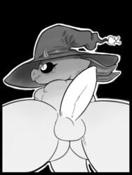 anthro ass balls clothing flower genitals greyscale hat headgear headwear hi_res horn imminent_facesitting kobold looking_away male male_only monochrome mulvan_treehugger non-mammal_balls panthera_cantus penis plant pupils slit_pupils solo tapering_penis wizard_hat worried