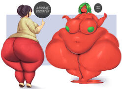 2girls ass ass_body belly big_ass big_belly big_breasts big_thighs breasts clothing dialogue english_text fat fat_female fat_woman female gigantic_thighs green_hair hi_res huge_ass huge_breasts huge_hips huge_thighs humanoid hyper_hips hyper_thighs jaykuma large_thighs massive_thighs obese obese_female overweight overweight_female pants red_body red_pants red_skin simple_background ssbbw sweat text thick_thighs thighs wide_hips