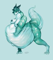 belly big_belly breasts dragon female hand_on_stomach hi_res hiddenmode horn looking_at_viewer simple_background vore