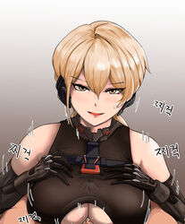 black_gloves blonde_hair breasts commentary elbow_gloves english_commentary eyebrows_visible_through_hair female girls'_frontline girls'_frontline_2:_exilium gloves headgear highres kepra_iii looking_at_viewer ots-14_(girls'_frontline) paizuri paizuri_under_clothes sleeveless sweat underboob yellow_eyes