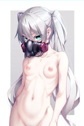 aqua_eyes bangs breasts collarbone colored_eyelashes commentary_request dosu_(doseven) female gas_mask grey_background groin highres long_hair looking_at_viewer navel nipples nude original out-of-frame_censoring ribs silver_hair small_breasts solo stomach twintails two-tone_background v-shaped_eyebrows very_long_hair