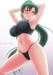 1girls amezuku arms_behind_head bare_legs bare_midriff black_panties earrings fire_emblem fire_emblem:_the_blazing_blade green_eyes green_hair large_breasts long_hair looking_at_viewer looking_down lyn_(fire_emblem) lyndis_(fire_emblem) nintendo panties ponytail smile solo solo_female sweat sweating_profusely tank_top thong wide_hips