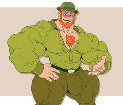 bara beard blush bulge chest_hair chest_tuft clover drunk facial_hair flaccid four_leaf_clover ginger ginger_hair hand_on_thigh hat human hyper hyper_muscles leprechaun looking_at_viewer male male_only muscles muscular muscular_male red_hair remert solo solo_male