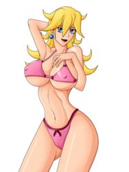 1girls armpits belly belly_button big_breasts big_thighs bikini blonde_hair blue_eyes breasts cleavage curvy earrings female female_only hand_behind_head light-skinned_female light_skin long_hair looking_at_viewer mario_(series) nintendo nipple_bulge open_mouth pink_bikini pinup princess_peach solo solo_female thick thick_hips thick_thighs thighs transparent_background war-off-evil