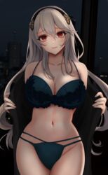 1girls alternate_breast_size bangs bare_shoulders big_breasts black_hairband blush bra breasts cleavage closed_mouth collarbone commentary_request corrin_(fire_emblem) corrin_(fire_emblem)_(female) cowboy_shot eyebrows_visible_through_hair female female_only fire_emblem fire_emblem_fates green_bra green_panties hair_between_eyes hairband highres indoors large_breasts long_hair looking_at_viewer navel night nintendo nurumaru_yu open_clothes panties presenting red_eyes silver_hair smile solo solo_female stomach underwear underwear_only undressing very_long_hair window