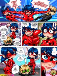 2girls adrien_agreste bodysuit broken_english cat_noir color colored comic dual_persona female foxyart ladybug_(character) male marinette_cheng marinette_dupain-cheng miraculous_ladybug shiny_clothes tagme text