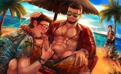 2boys 3boys abs beach blowjob brown_hair closed_eyes cock_hungry david_king dead_by_daylight dwight_fairfield erect_nipples erect_penis erection exposed_chest exposed_nipples facial_hair fellatio gay giving_head going_down_on hands_in_pockets hawaiian_shirt holding_penis kneeling_oral_position large_penis lei licking_penis male male/male male_only malesub open_shirt oral_sex outside palm_tree pecs precum retracted_foreskin spread_legs steve_harrington stranger_things sunglasses swimsuit_down tongue_out whistle_around_neck wristwatch