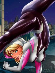 1girls acrobatic bodysuit color colored fit fit_female foxyart gwen_stacy human human_only licking_lips light-skinned_female light_skin marvel marvel_comics medium_breasts solo solo_female spider-gwen spider-man_(series) tagme