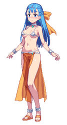 774_(nanashi) bikini blue_eyes blue_hair blush bow clothing dancer_outfit dragon_quest dragon_quest_heroes dragon_quest_v female female_only flora_(dragon_quest) hair_ribbon harem_outfit human loincloth long_hair medium_breasts micro_bikini nera_briscoletti pixel_art sandals solo swimsuit white_background