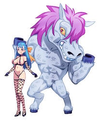 1monster 774_(nanashi) big_breasts blue_eyes blue_hair bow dragon_quest dragon_quest_heroes dragon_quest_v female fishnet_gloves fishnet_thighhighs fishnets flora_(dragon_quest) gloves hair_ribbon high_heels horse human jyami kon_the_knight large_breasts larger_male latex lingerie nera_briscoletti pixel_art size_difference stockings thighhighs tongue_out white_background