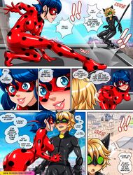 1boy adrien_agreste bodysuit bulge cat_noir color colored comic female foxyart ladybug_(character) male marinette_cheng marinette_dupain-cheng miraculous_ladybug tagme