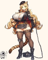 alternate_breast_size arknights big_breasts button-up button_gap cat_ears catgirl cleavage doctor_(arknights) drill_hair green_eyes huge_breasts long_hair melon22 miniskirt muscular muscular_female muscular_thighs orange_hair swire_(arknights) thick_thighs thighhighs tiger_ears tiger_tail whip