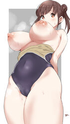 arms_behind_back bangs blue_swimsuit blush breasts brown_eyes brown_hair c@rbon clothes_pull double_bun eyebrows_visible_through_hair female from_below highres idolmaster idolmaster_shiny_colors large_breasts nipples one-piece_swimsuit puffy_nipples school_swimsuit signature simple_background solo sonoda_chiyoko steam sweat swimsuit swimsuit_pull thighs two-tone_background