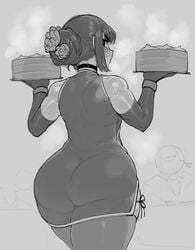 ambiguous_gender arm_gloves ass ass_focus big_ass blushing bottom_heavy chinese_clothes chinese_dress choker dual_hair_buns hair_buns huge_ass krekk0v looking_at_viewer looking_back monochrome short_dress skindentation solo sweating thick_thighs tight_clothing tight_dress waitress