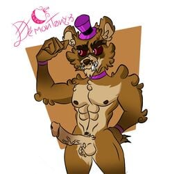 1boy abs abstract_background anthro balls black_eyes demantonyx digital_media_(artwork) five_nights_at_freddy's five_nights_at_freddy's_4 fur furry genitals handwear headgear headwear hi_res looking_away male male_only multicolored_body multicolored_ears multicolored_fur multicolored_skin muscles muscular muscular_male nightmare_fredbear_(fnaf) nipples orange_body orange_fur orange_skin penis pink_eyes sharp_teeth solo solo_male top_hat video_games white_background white_eyes