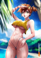 abs alternate_breast_size asymmetrical_hair breasts clothing cowboy_shot female female_only female_solo game_freak green_eyes gym_leader high_resolution hips huge_breasts kasumi_(pokemon) large_breasts large_filesize legs looking_at_viewer lord_dominik muscle navel nintendo open_mouth orange_hair palm_tree pokemon pokemon_(anime) pokemon_(classic_anime) pokemon_(game) pokemon_rgby ponytail pussy_peek red_hair shirt short_hair side_ponytail sleeveless sleeveless_shirt solo tank_top thighs thong tied_hair tight_clothes tree underwear very_high_resolution water wet wide_hips yellow_shirt yellow_tank_top