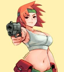 1girls advance_wars alternate_breast_size bra brown_eyes cleavage female female_only green_headband gun happy_female headband junkpuyo large_breasts looking_at_viewer red_hair sami sami_(advance_wars) slight_smile smile smirk