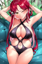 1girls arms_behind_head bare_shoulders belly big_breasts bikini black_swimsuit blurry_background blush breasts cleavage cleavage_cutout curvaceous curvy curvy_figure cute eyelashes female female_only hair_between_eyes hair_ornament hi_res high_resolution highleg highleg_bikini highleg_swimsuit highres hourglass_figure large_breasts long_hair looking_at_viewer love_live! love_live!_sunshine!! navel navel_cutout one-piece_swimsuit one_eye_closed red_hair sakurauchi_riko sideboob sidelocks sitting smile solo solo_female swimsuit tem10 thick_thighs thighs thin_waist wet wide_eyed wide_hips yellow_eyes