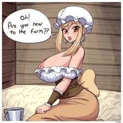 1girls amelia_(simmsy) blonde_hair breasts cleavage earrings farmgirl female female_only full_lips hoop_earrings huge_breasts lips looking_at_viewer puffy_lips simmsy solo speech_bubble text