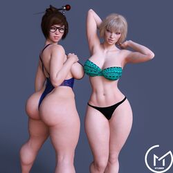 2girls 3d apex_legends ass back_view bangs bedroom_eyes big_ass bikini blonde_hair blue_eyes bob_cut breasts brown_eyes brown_hair cleavage crossover female female_only glasses gm_studios hands_behind_head large_breasts looking_at_viewer looking_back mei_(overwatch) navel one-piece_swimsuit overwatch plain_background posing seductive_look short_hair sideboob smile thick thick_thighs tied_hair wattson_(apex_legends)