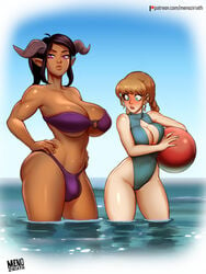 1futa 1girls balls beach big_breasts bikini breasts bulge cleavage clothed clothing cock_shock dark-skinned_futanari dark_skin duo female futanari human humanoid large_breasts larger_futanari light-skinned_female looking_at_viewer menoziriath mostly_nude one-piece_swimsuit outside pale_skin partially_clothed penis_awe public size_difference smaller_female standing surprised swimsuit thick_thighs water wide_eyed wide_hips