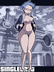 1girls blue_eyes blue_hair blue_pubic_hair blush breasts cyllene embarrassed eyebrowless functionally_nude functionally_nude_female naked_robe no_eyebrows pokemon pokemon_legends:_arceus pubic_hair pussy robe shimaboshi_(pokemon) singlesalt solo solo_female