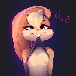 absurd_res anthro areola breasts clothed clothing clothing_lift exposed_breasts eyebrows eyelashes female hi_res lagomorph leporid lola_bunny looking_at_viewer looney_tunes magnaluna mammal nipples rabbit shirt shirt_in_mouth shirt_lift small_breasts smile topwear warner_brothers