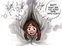 behind_curtain boku_no_hero_academia brown_eyes brown_hair cheating cheating_girlfriend hidden_sex implied_sex minoru_mineta my_hero_academia netorare ngnb ntr ochako_uraraka rough_sex smaller_male sweating text