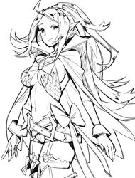 1girls ahoge blush breasts cape circlet female female_only fire_emblem fire_emblem_awakening garter_straps ge-b gebyy-terar gloves greyscale large_breasts lingerie long_hair looking_at_viewer mamkute manakete monochrome navel nintendo nowi_(fire_emblem) older open_mouth pointed_ears pointy_ears simple_background smile solo solo_female thighhighs white_background