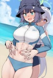 2girls abs ai_generated aqua_eyes beach bikini bikini_bottom_only black_hair black_headwear blue_archive blue_bikini blue_eyes blue_halo blue_one-piece_swimsuit blue_sky blush bow breasts bucket_hat casual_one-piece_swimsuit clothing cloud cowboy_shot day female frilled_one-piece_swimsuit frills green_halo grey_hair hairbow halo hand_on_another's_stomach hat headwear large_breasts long_hair long_sleeves miyako_(blue_archive) miyako_(swimsuit)_(blue_archive) multiple_girls navel nose_blush ocean off-shoulder_one-piece_swimsuit off_shoulder official_alternate_costume one-piece_swimsuit open_mouth outdoors ponytail purple_eyes purple_hair raglan_sleeves rash_guard saki_(blue_archive) saki_(swimsuit)_(blue_archive) shaddai short_hair sky standing stomach sweat swimsuit thighs toned very_long_hair white_hair yuri