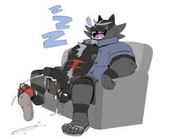 anthro areola balls beard belly_hair big_areola big_penis body_hair chair chest_hair clothing facial_hair felid feline footwear furniture generation_7_pokemon genitals hi_res huge_cock incineroar male mammal mature_male musclegut muscular nintendo nipples on_chair overweight overweight_anthro overweight_male pawpads penis pokemon pokemon_(species) saggy_balls sandals shoes sleep_bubble sleeping solo sound_effects stinkdierr unbuttoned_pants vein veiny_penis vowelless vowelless_sound_effect zzz