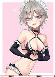 anastasia anastasia_(idolmaster) bikini black_gloves blue_eyes collar gloves heart idolmaster idolmaster_cinderella_girls looking_at_viewer maid pale_skin silver_hair white_hair