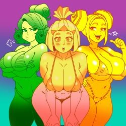 3girls angry bare_shoulders bending_over bikini bob_cut crossed_arms fiksiki fixiki ghostec gradient gradient_background gradient_hair green_body green_eyes green_hair green_skin hand_on_hip hands_on_knees happy milestone_celebration multiple_girls navel nipples nipples_visible_through_clothing open_mouth orange_body orange_eyes orange_hair orange_skin pointing_at_self pointing_with_thumb puffy_cheeks russian russian_female shpulya simka smile standing striped_bikini surprised surprised_expression the_fixies upper_teeth verta yellow_body yellow_eyes yellow_hair yellow_skin