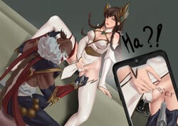 1girls blood_moon_pyke blood_moon_series dark-skinned_male dark_skin divine_sword_irelia female hetero immortal_journey_series interracial irelia_xan league_of_legends male/female pubic_tattoo pussy pussy_juice pyke straight tattoo wet_pussy