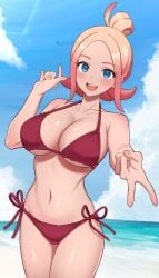 1girls :d beach big_breasts bikini blonde_hair blue_eyes blue_sky blush breasts cleavage cloud day female female_only hand_up highres large_breasts looking_at_viewer navel nintendo open_mouth outdoors pokemon pokemon_legends:_z-a red_bikini short_hair sky smile solo stomach surippa1010 swimsuit taunie_(pokemon) townie_(pokemon) v