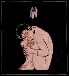 1boy arm_hair barefoot beard_stubble black_hair bleeding blood body_hair cavity closed_eyes commentary cry_of_fear curled_up english_commentary facial_hair fetal_position full_body highres hugging_own_legs nude self-harm short_hair simon_henriksson solo stubble teeth ttwicoff wrist_cutting