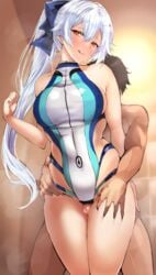 1boy absurdres agetama bangs blue_bow blue_swimsuit bow breasts fate/grand_order fate_(series) female grinding hair_between_eyes hairbow highleg highleg_swimsuit highres large_breasts long_hair looking_at_viewer one-piece_swimsuit penis ponytail red_eyes silver_hair straight swimsuit thigh_sex thigh_strap thighs tomoe_gozen_(fate) tomoe_gozen_(swimsuit_saber)_(fate) two-tone_swimsuit white_swimsuit