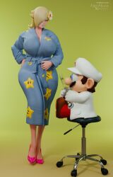 alenabyss mario_(series) mario princess_rosalina tagme 3d 3d_(artwork) blonde_hair long_hair hair_over_one_eye looking_at_another flower_in_hair blue_eyes robes bathrobe breasts large_breasts slim_waist wide_hips high_heels taller_female smaller_male brown_hair short_hair coat flabbergasted hand_on_hip