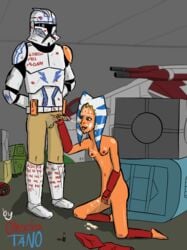 1boy 1girls ahsoka_tano alien alien_girl alien_humanoid armor arms_behind_back armwear aurebesh background balls barefoot blowjob blue_eyes bodily_fluids bottomless_male captain_rex clone_trooper clone_wars clothes_removed crate cum cum_in_mouth cum_on_arm cum_on_body cum_on_breasts cum_on_face cum_on_leg dark-skinned_male dark_skin droid duo duo_focus ejaculation eyes facial_markings feet female fingering fingering_self fingerless_gloves full_body gloves gonk_droid handjob hangar headgear helmet horn interspecies kneeling laat/i legwear lipstick lipstick_mark male markings masturbation military military_uniform note_translated nude_female ohsokatano on_floor open_eyes orange_body partially_clothed penis penis_grab red_lipstick science_fiction semen shiny_skin signature small_breasts soldier spacecraft standing star_wars straight tally_marks tentacle tentacle_hair text the_clone_wars:_season_one togruta translated uniform vehicle young