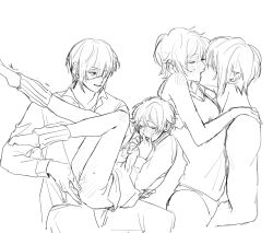 1boy 1girls blush bottomless canon_genderswap closed_eyes eye_patch female finger_fuck fingering fingering_partner genderswap_(mtf) ginko_sakata gintama gintoki_sakata i06kmo kissing legs_up looking_pleasured male monochrome rule_63 short_hair sketch smile takasugi_shinsuke very_short_hair