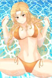 1girls alternate_costume alternate_version_available bare_legs bare_thighs bikini blonde_hair breasts brigid_(fire_emblem) female female_only fire_emblem fire_emblem:_genealogy_of_the_holy_war headband large_breasts long_hair looking_at_viewer mazi mazii nintendo nipples off_shoulder orange_bikini orange_eyes orange_hair orange_swimsuit partially_submerged seductive sideboob smile solo spread_legs swimsuit teasing thick_thighs thighs undressing very_long_hair water wavy_hair